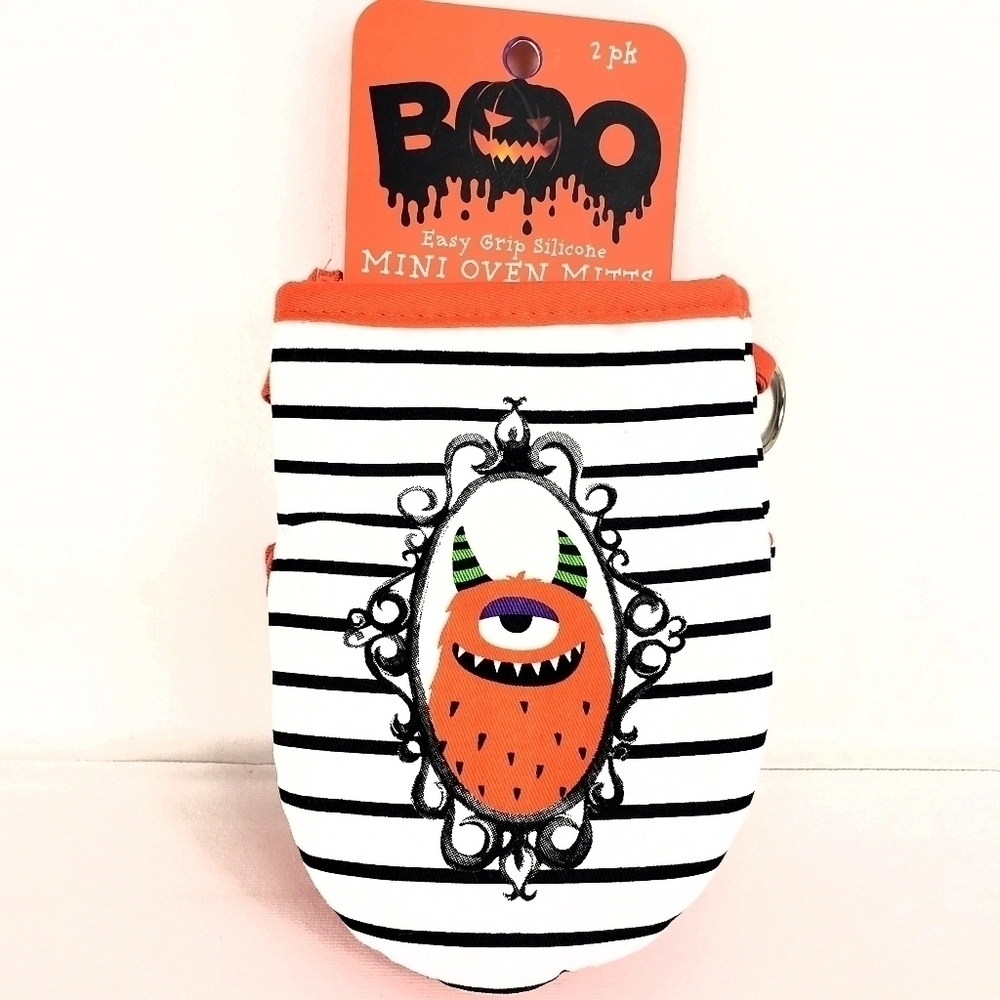 BOO Halloween 2 Silicone Grip Mini Oven Heat Mitts White/Orange/Black w/ Monster
